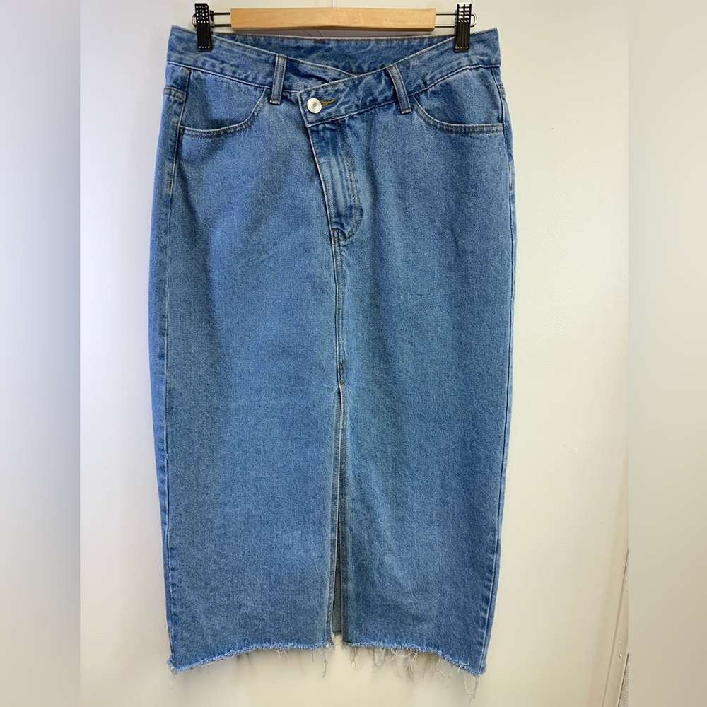 SHEIN Overlap Waist Split Thigh Denim Maxi Skirt Medium Wash Size Large